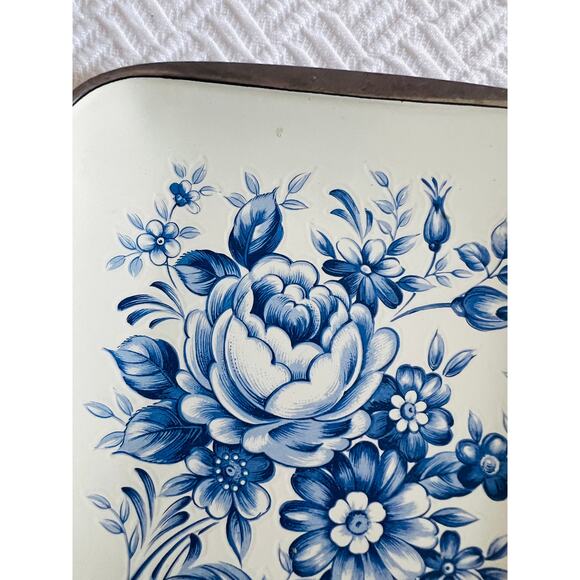 Vintage 5x5 Blue Floral Enamel Tray Stainless Steel Lamb Mark Mid Century Japan - Picture 2 of 7